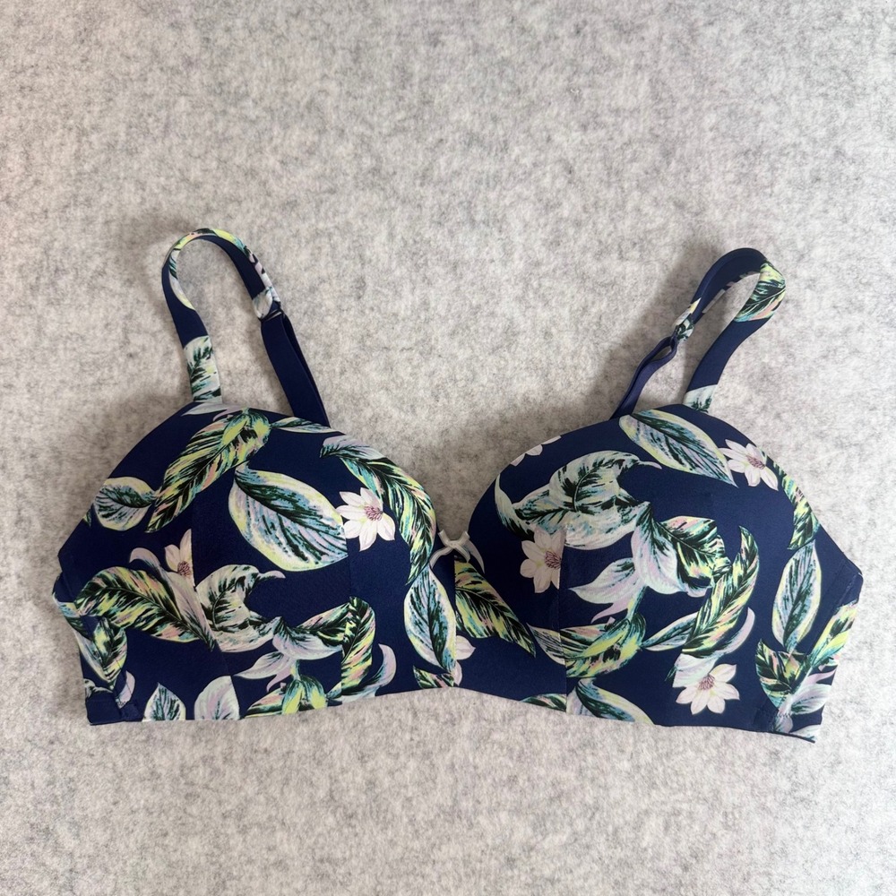 Cacique Wirefree Bra Womens 44C Navy Blue Tropical Floral Padded Adjustable